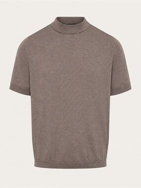 St. Croix Jersey Knit Cotton Mock Neck Tee Brown Melange L Made USA